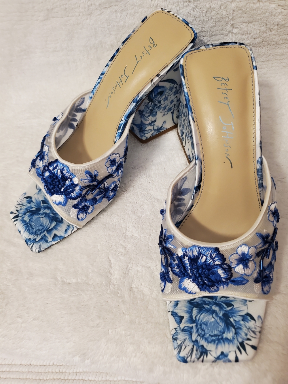 Betsey Johnson Blue & White Floral Embroidered Slide Heels